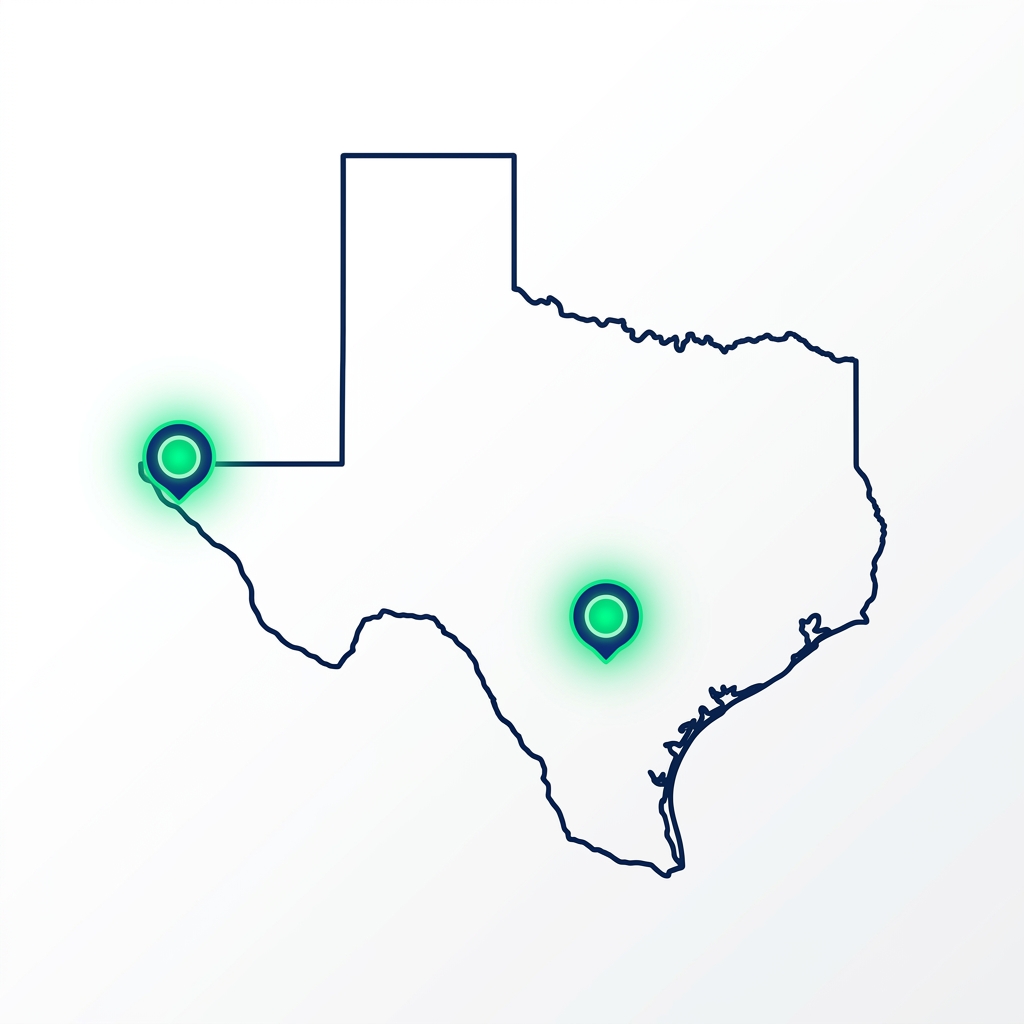 Map of Texas pins on San Antonio and El Paso